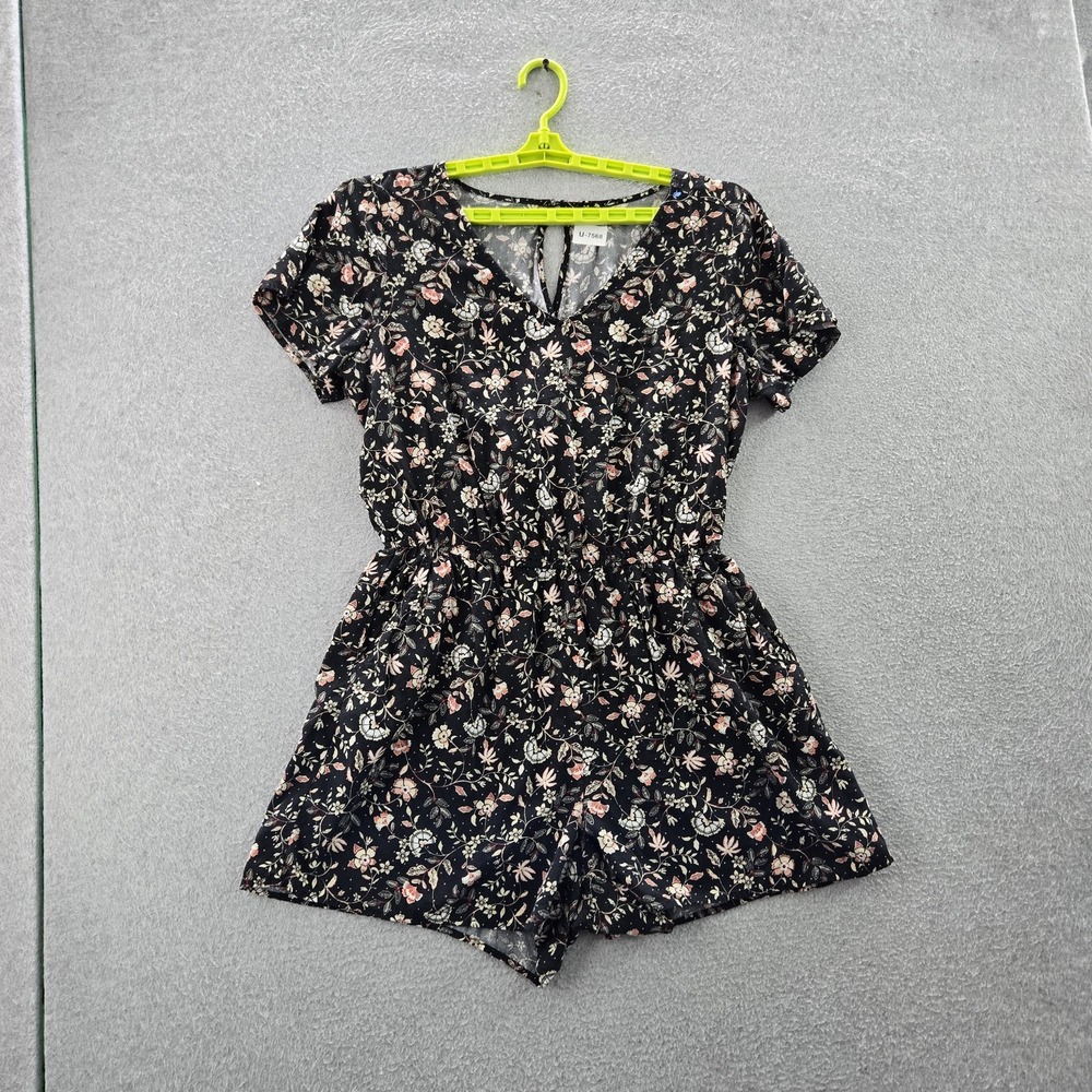 Old Navy Women Romper L Black Floral Ruffle V-Neck Pullover